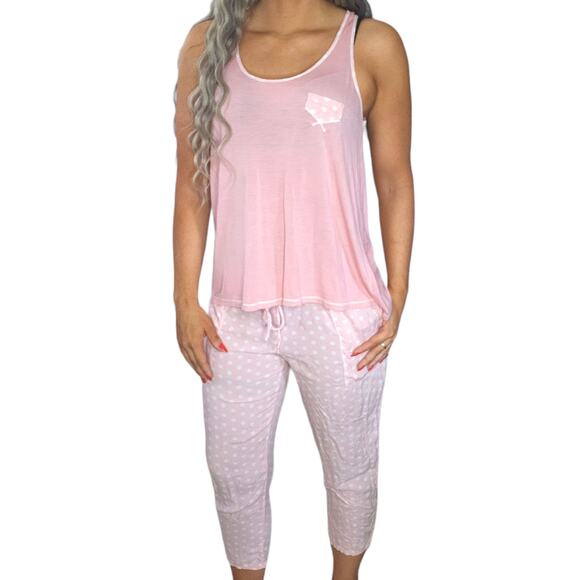 Pink Pajama Set Womens Small White Tank Top Pants Polka Dot Boho Comfy - Picture 1 of 12